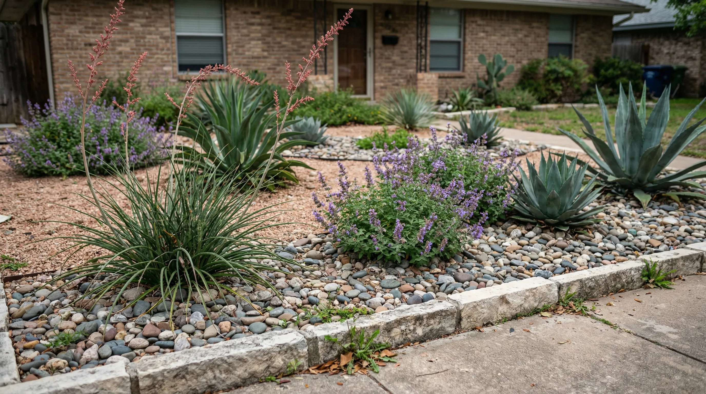 Austin xeriscape conversion: native planting, drip irrigation, and mulched beds